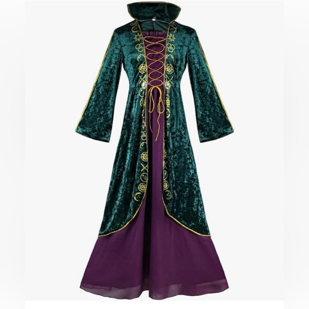 Women Winifred Sanderson Green Velvet Dress Halloween Witch Cosplay Costume 2XL